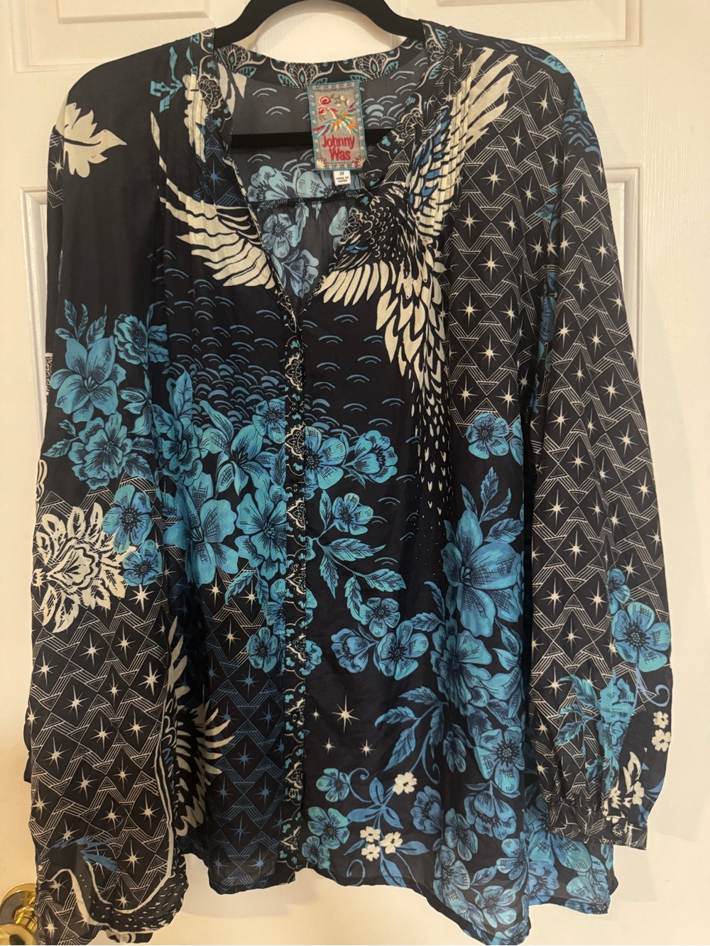 Johnny Was 2X Boho Top Blouse Blue Floral Crane Bird Print 100% Silk Button Fron